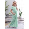 imageGORLYA Girls Short Sleeve Floral Print Loose Casual Long Maxi Dress with Pockets 412 YearsGreen Stripe