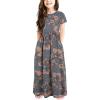 imageGORLYA Girls Short Sleeve Floral Print Loose Casual Long Maxi Dress with Pockets 412 YearsGray Print