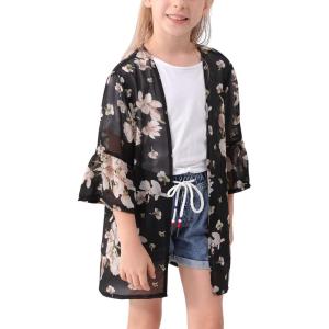 imageGORLYA Girls Floral Print Chiffon Beach Cardigan Cover ups Kids Casual Kimono Capes Swimsuit WrapsBlack Print
