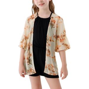 imageGORLYA Girls Floral Print Chiffon Beach Cardigan Cover ups Kids Casual Kimono Capes Swimsuit WrapsOrange Flower