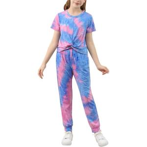 imageGORLYA Girls Pant Sets Clothing Suits Twist Knot Sweat Crop Tops and Casual Sweatpants 2PCS Tracksuit Outfits 614YBlue Tiedye