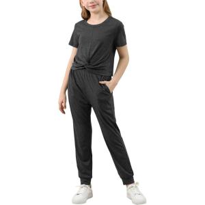 imageGORLYA Girls Pant Sets Clothing Suits Twist Knot Sweat Crop Tops and Casual Sweatpants 2PCS Tracksuit Outfits 614YDark Gray