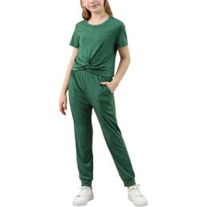 imageGORLYA Girls Pant Sets Clothing Suits Twist Knot Sweat Crop Tops and Casual Sweatpants 2PCS Tracksuit Outfits 614YGreen