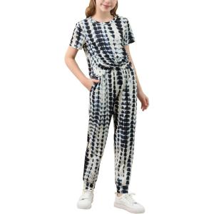 imageGORLYA Girls Pant Sets Clothing Suits Twist Knot Sweat Crop Tops and Casual Sweatpants 2PCS Tracksuit Outfits 614YWhite Tiedye