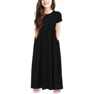 imageGORLYA Girls Short Sleeve Floral Print Loose Casual Long Maxi Dress with Pockets 412 YearsBlack