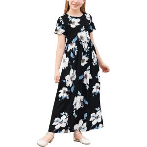 imageGORLYA Girls Short Sleeve Floral Print Loose Casual Long Maxi Dress with Pockets 412 YearsBlack Flower