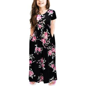 imageGORLYA Girls Short Sleeve Floral Print Loose Casual Long Maxi Dress with Pockets 412 YearsBlack Print
