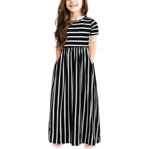imageGORLYA Girls Short Sleeve Floral Print Loose Casual Long Maxi Dress with Pockets 412 YearsBlack Stripe