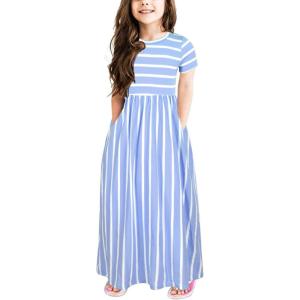 imageGORLYA Girls Short Sleeve Floral Print Loose Casual Long Maxi Dress with Pockets 412 YearsBlue Stripe