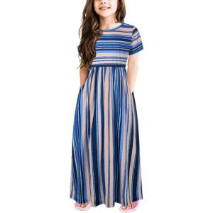 imageGORLYA Girls Short Sleeve Floral Print Loose Casual Long Maxi Dress with Pockets 412 YearsBlue Stripe Print