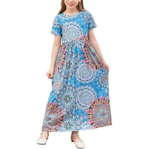 imageGORLYA Girls Short Sleeve Floral Print Loose Casual Long Maxi Dress with Pockets 412 YearsBlue Sunflower