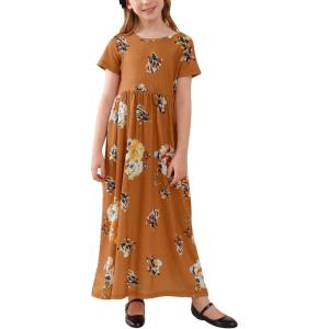 imageGORLYA Girls Short Sleeve Floral Print Loose Casual Long Maxi Dress with Pockets 412 YearsBrown Print