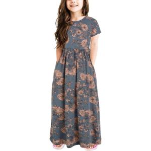 imageGORLYA Girls Short Sleeve Floral Print Loose Casual Long Maxi Dress with Pockets 412 YearsGray Print