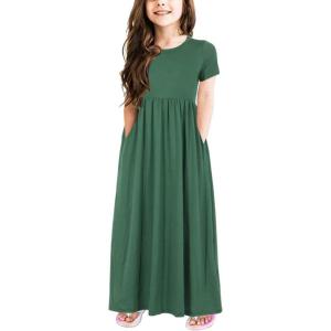 imageGORLYA Girls Short Sleeve Floral Print Loose Casual Long Maxi Dress with Pockets 412 YearsGreen