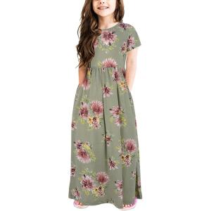imageGORLYA Girls Short Sleeve Floral Print Loose Casual Long Maxi Dress with Pockets 412 YearsGreen Flower