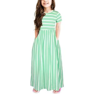 imageGORLYA Girls Short Sleeve Floral Print Loose Casual Long Maxi Dress with Pockets 412 YearsGreen Stripe