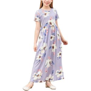 imageGORLYA Girls Short Sleeve Floral Print Loose Casual Long Maxi Dress with Pockets 412 YearsMauve Print