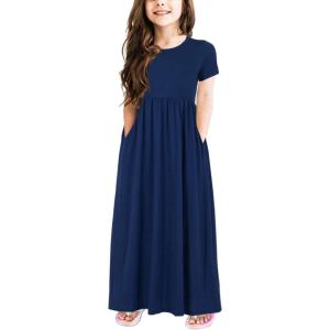 imageGORLYA Girls Short Sleeve Floral Print Loose Casual Long Maxi Dress with Pockets 412 YearsNavy