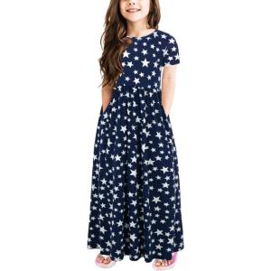 imageGORLYA Girls Short Sleeve Floral Print Loose Casual Long Maxi Dress with Pockets 412 YearsNavy Star