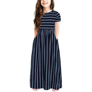 imageGORLYA Girls Short Sleeve Floral Print Loose Casual Long Maxi Dress with Pockets 412 YearsNavy Stripe