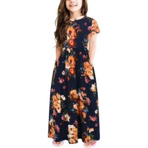 imageGORLYA Girls Short Sleeve Floral Print Loose Casual Long Maxi Dress with Pockets 412 YearsOrange Flower