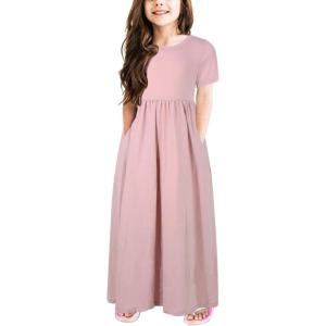 imageGORLYA Girls Short Sleeve Floral Print Loose Casual Long Maxi Dress with Pockets 412 YearsPink