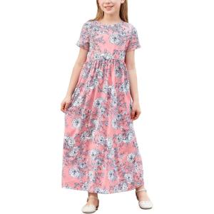 imageGORLYA Girls Short Sleeve Floral Print Loose Casual Long Maxi Dress with Pockets 412 YearsPink Print