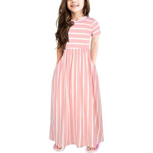 imageGORLYA Girls Short Sleeve Floral Print Loose Casual Long Maxi Dress with Pockets 412 YearsPink Stripe