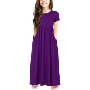 imageGORLYA Girls Short Sleeve Floral Print Loose Casual Long Maxi Dress with Pockets 412 YearsPurple