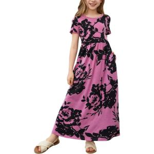 imageGORLYA Girls Short Sleeve Floral Print Loose Casual Long Maxi Dress with Pockets 412 YearsPurple Print