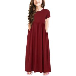 imageGORLYA Girls Short Sleeve Floral Print Loose Casual Long Maxi Dress with Pockets 412 YearsRed