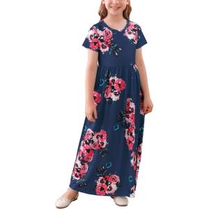 imageGORLYA Girls Short Sleeve Floral Print Loose Casual Long Maxi Dress with Pockets 412 YearsRed Flower