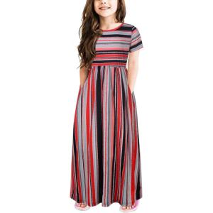 imageGORLYA Girls Short Sleeve Floral Print Loose Casual Long Maxi Dress with Pockets 412 YearsRed Stripe Print