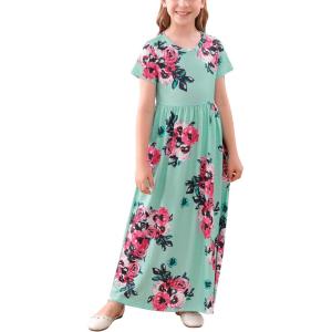 imageGORLYA Girls Short Sleeve Floral Print Loose Casual Long Maxi Dress with Pockets 412 YearsTeal Print