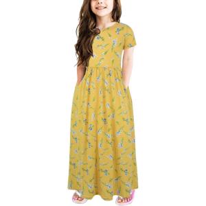 imageGORLYA Girls Short Sleeve Floral Print Loose Casual Long Maxi Dress with Pockets 412 YearsYellow Print