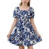 imageGORLYA Cute Girls Floral Print Puff Sleeve Square Neck Shirred Ruffle Hem Summer Babydoll Dress 614YNavy Flower
