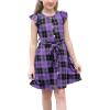 imageGORLYA Girls Ruffle Trim Sleeve Button Down Floral Print Casual Vintage Midi Dress with Pockets for 412 Years KidsPurple Plaid