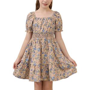 imageGORLYA Cute Girls Floral Print Puff Sleeve Square Neck Shirred Ruffle Hem Summer Babydoll Dress 614YBrown Print
