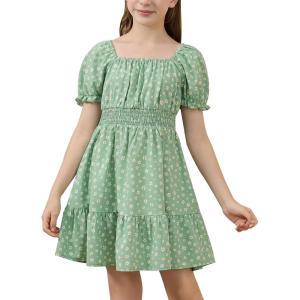 imageGORLYA Cute Girls Floral Print Puff Sleeve Square Neck Shirred Ruffle Hem Summer Babydoll Dress 614YGreen Flower