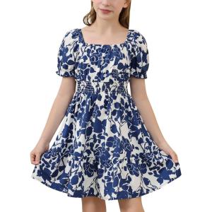 imageGORLYA Cute Girls Floral Print Puff Sleeve Square Neck Shirred Ruffle Hem Summer Babydoll Dress 614YNavy Flower