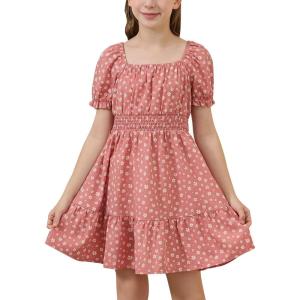 imageGORLYA Cute Girls Floral Print Puff Sleeve Square Neck Shirred Ruffle Hem Summer Babydoll Dress 614YPink Flower