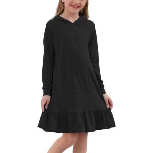 imageGORLYA Girls Raglan Long Sleeve Ruffle Hem Casual Sweatshirt Hooded Shift Dress for 414T KidsBlack