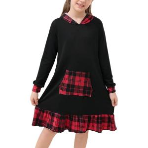 imageGORLYA Girls Raglan Long Sleeve Ruffle Hem Casual Sweatshirt Hooded Shift Dress for 414T KidsRed Plaid