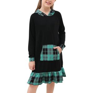 imageGORLYA Girls Raglan Long Sleeve Ruffle Hem Casual Sweatshirt Hooded Shift Dress for 414T KidsTeal Plaid