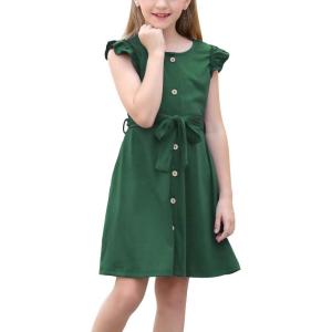 imageGORLYA Girls Ruffle Trim Sleeve Button Down Floral Print Casual Vintage Midi Dress with Pockets for 412 Years KidsGreen