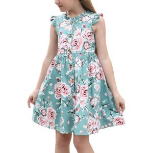 imageGORLYA Girls Ruffle Trim Sleeve Button Down Floral Print Casual Vintage Midi Dress with Pockets for 412 Years KidsGreen Print