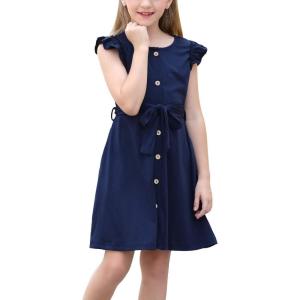 imageGORLYA Girls Ruffle Trim Sleeve Button Down Floral Print Casual Vintage Midi Dress with Pockets for 412 Years KidsNavy