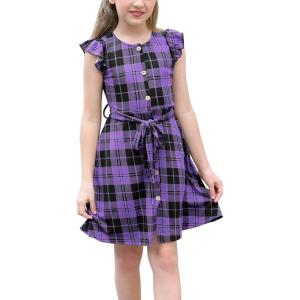 imageGORLYA Girls Ruffle Trim Sleeve Button Down Floral Print Casual Vintage Midi Dress with Pockets for 412 Years KidsPurple Plaid