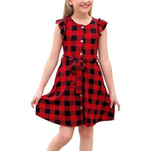 imageGORLYA Girls Ruffle Trim Sleeve Button Down Floral Print Casual Vintage Midi Dress with Pockets for 412 Years KidsRed Plaid