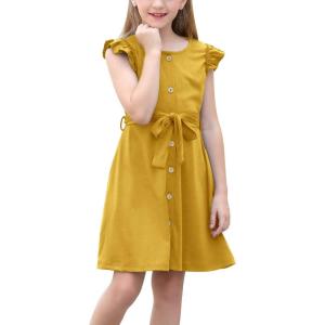 imageGORLYA Girls Ruffle Trim Sleeve Button Down Floral Print Casual Vintage Midi Dress with Pockets for 412 Years KidsYellow